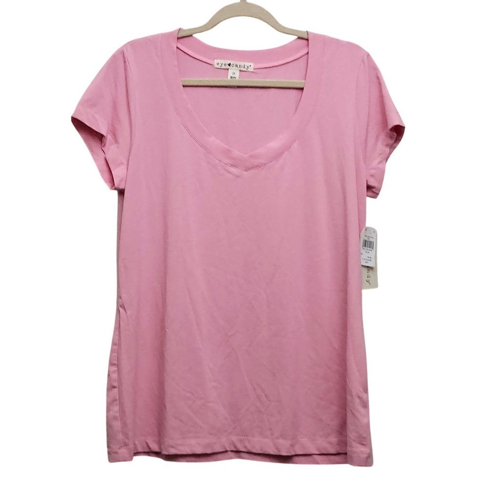 Eye Candy T-Shirt Women 2X Pink V-Neck Short Sleeve Cotton Modal Stretch Basic